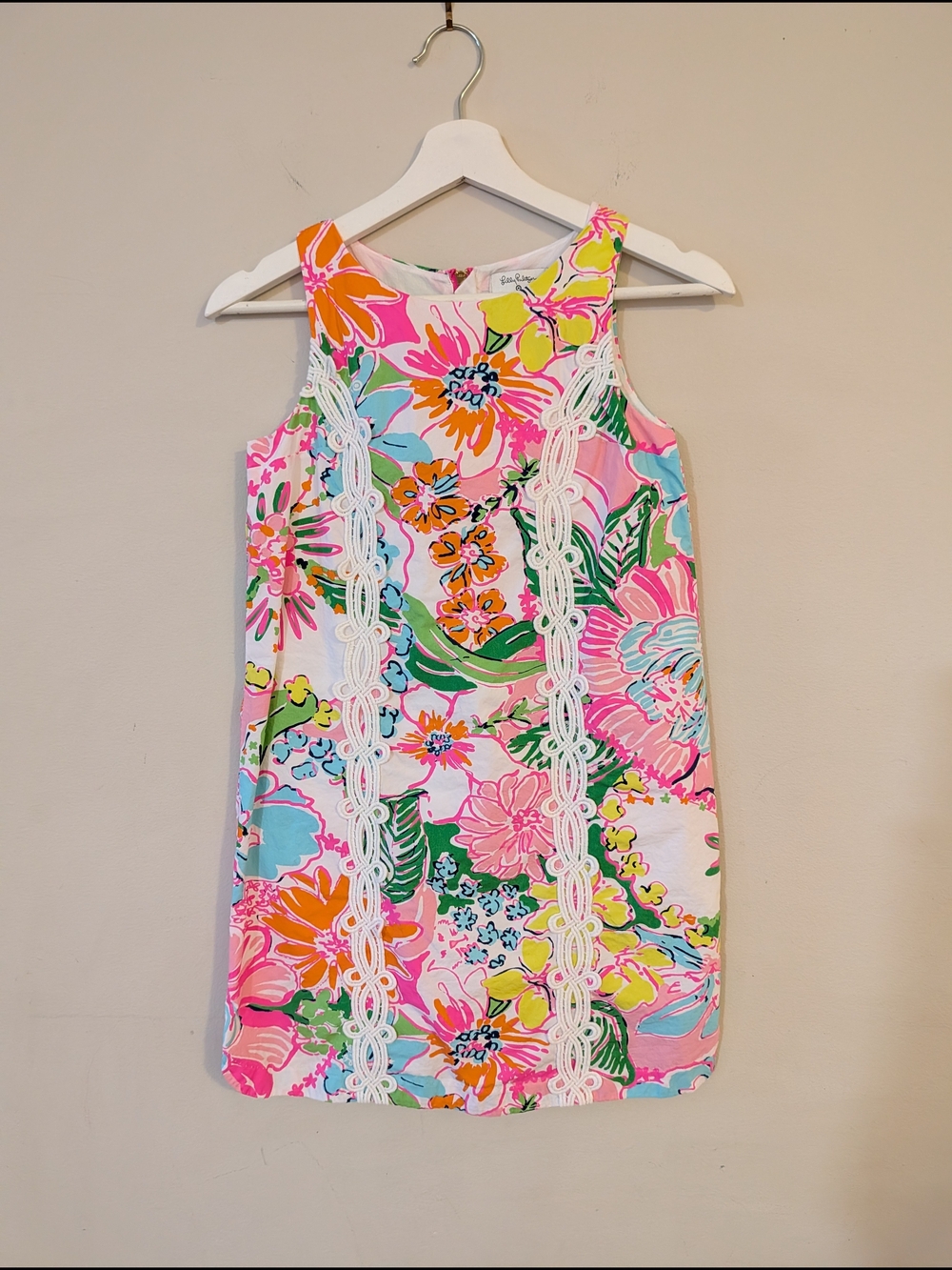 Lilly Pulitzer Pink Multi Floral Shift Dress with White Lace Trim
